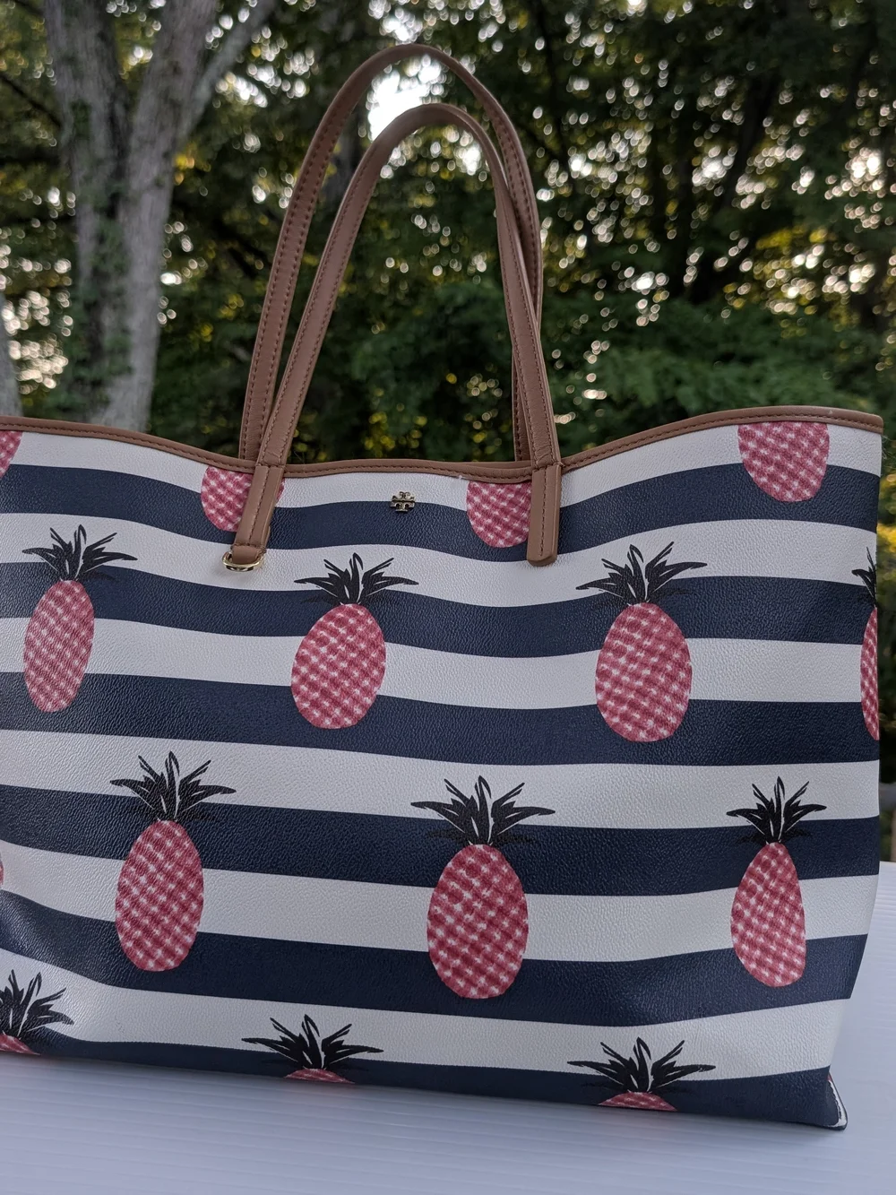 Tory Burch Kerrington Navy Stripe Pineapple Tote Bag - Pink Pineapple Print